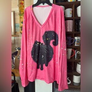 Pink Playful Black Fluffy Cat Print V-Neck Polyester Long Sleeve Top Size XXL